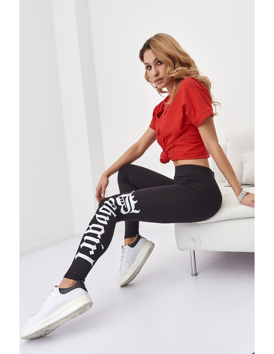 Fitted leggings with inscriptions, black 35150 - Online store - Boutique